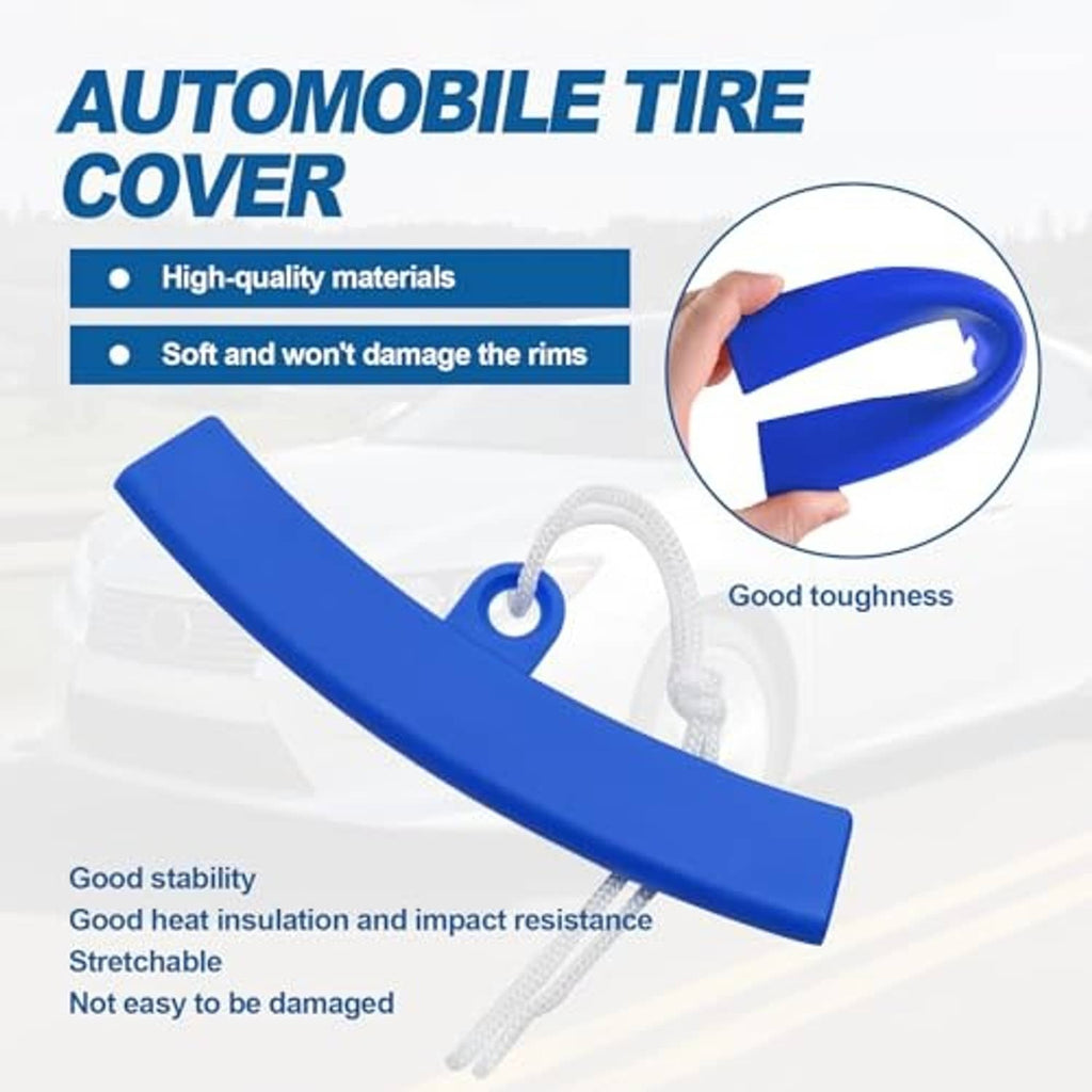 Blue tire cover rim protector with attached white cord and loop