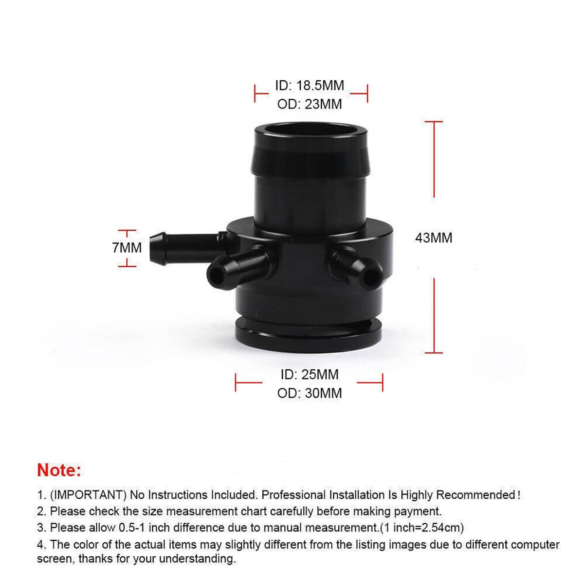 Black turbo boost tap vacuum sensor adapter with side nozzle and three outlet ports