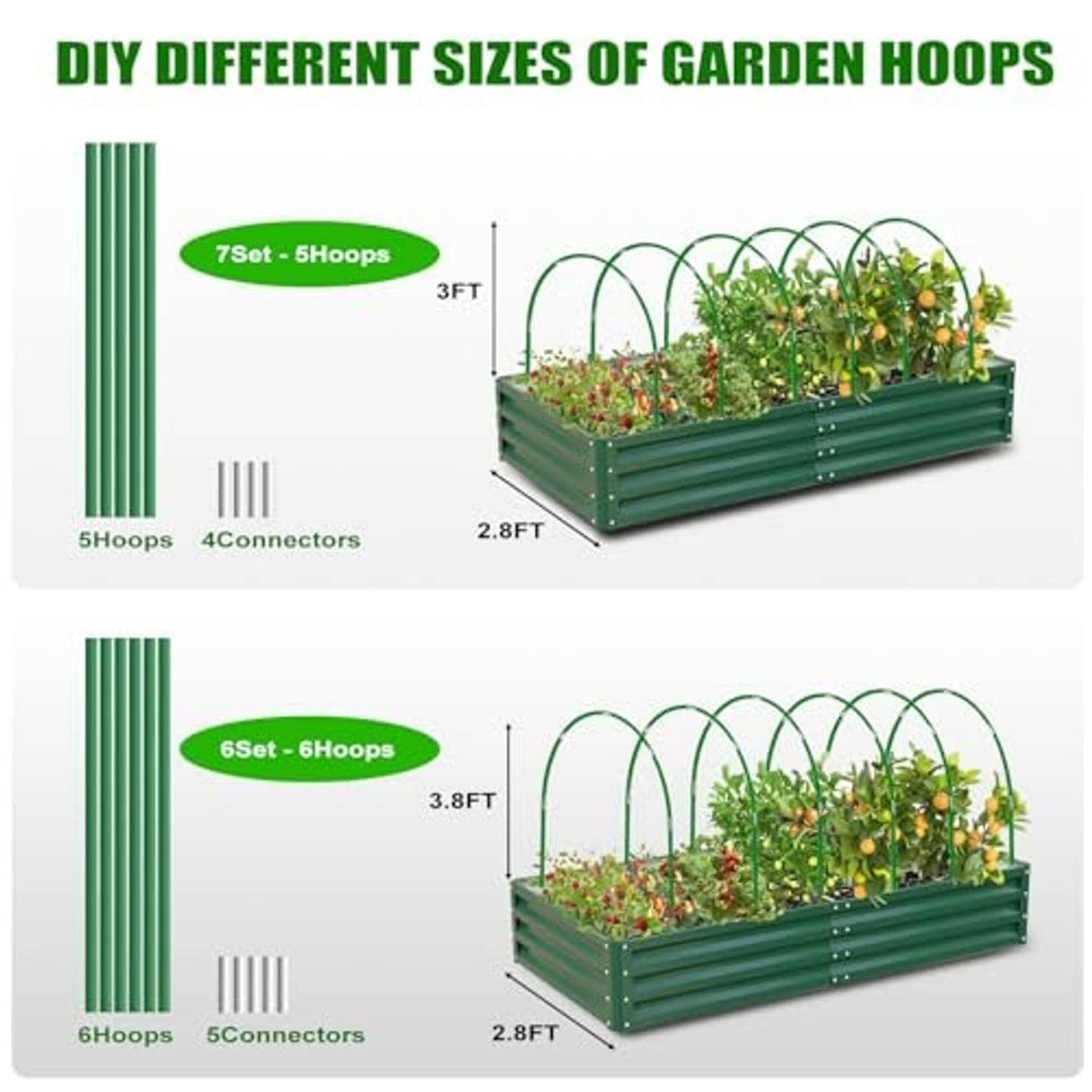 Green garden hoop frames with connectors for different raised-bed sizes