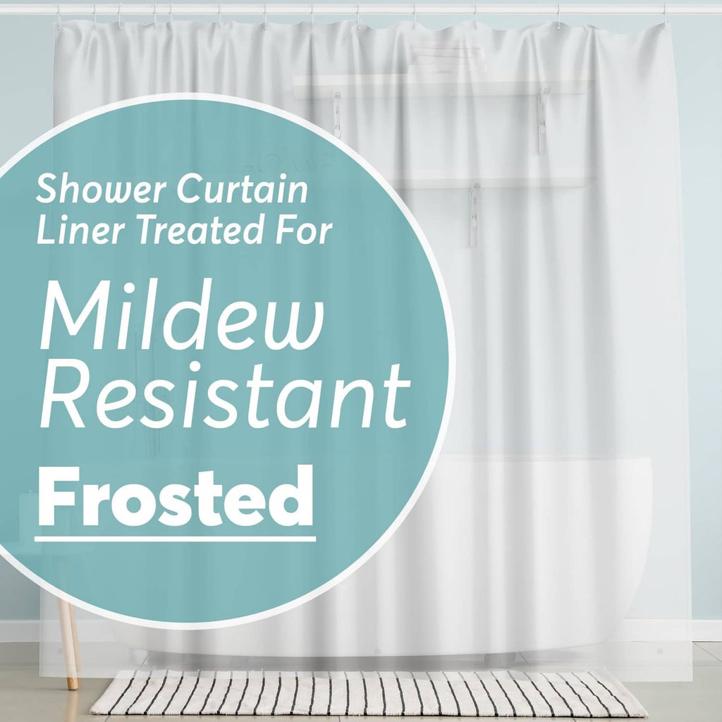 White frosted shower curtain liner with mildew-resistant treated finish