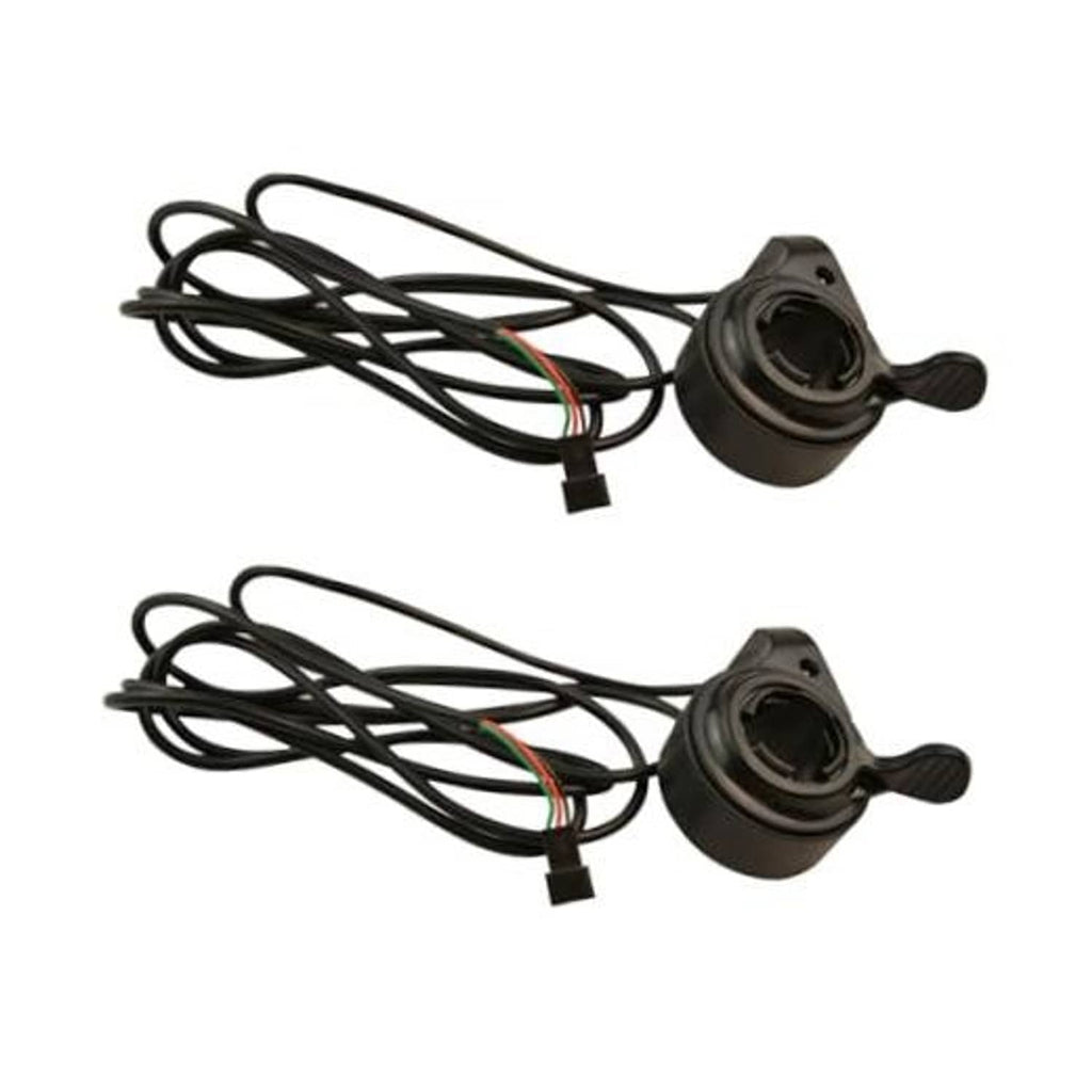 Pair of black e-bike thumb throttle speed controllers with wiring harness and plugs