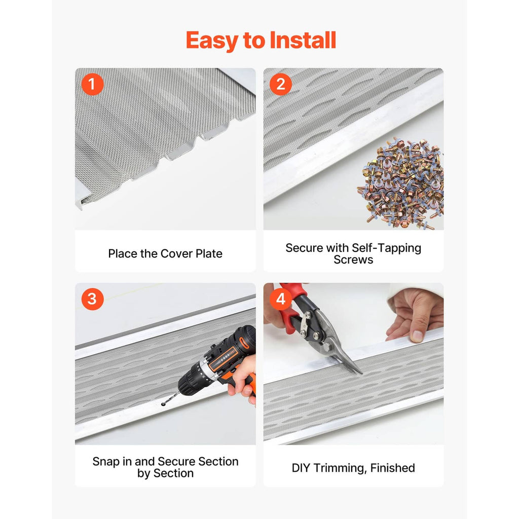 Aluminum gutter mesh cover with installation steps, self-tapping screws shown