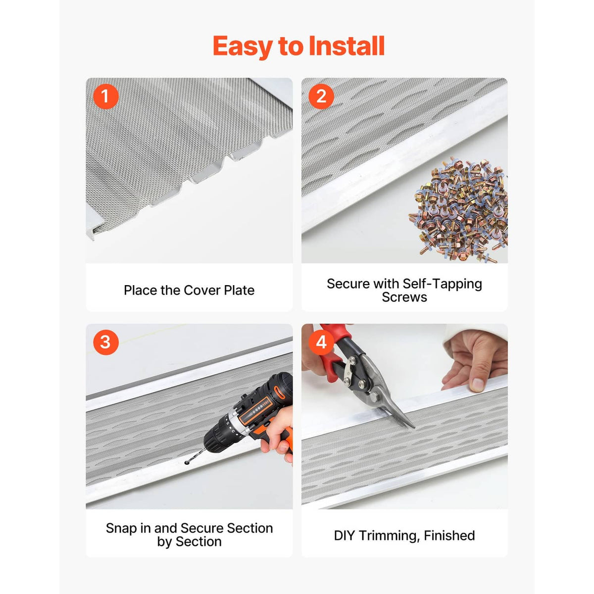 Aluminum gutter mesh cover with installation steps, self-tapping screws shown