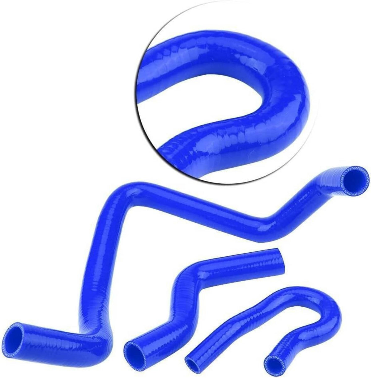 Blue silicone radiator hose kit, multiple curved hoses with open ends and fittings.