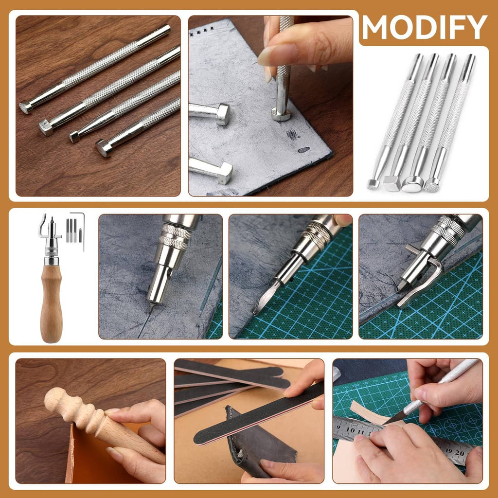 Leather crafting tools set: awl punches, stamping tools, and needle kits for adjustments
