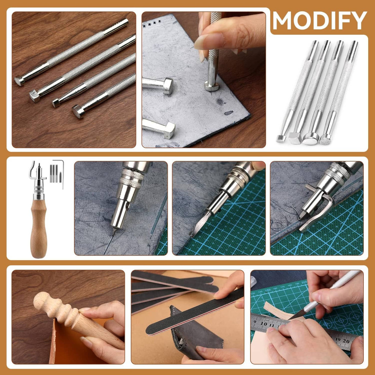 Leather crafting tools set: awl punches, stamping tools, and needle kits for adjustments
