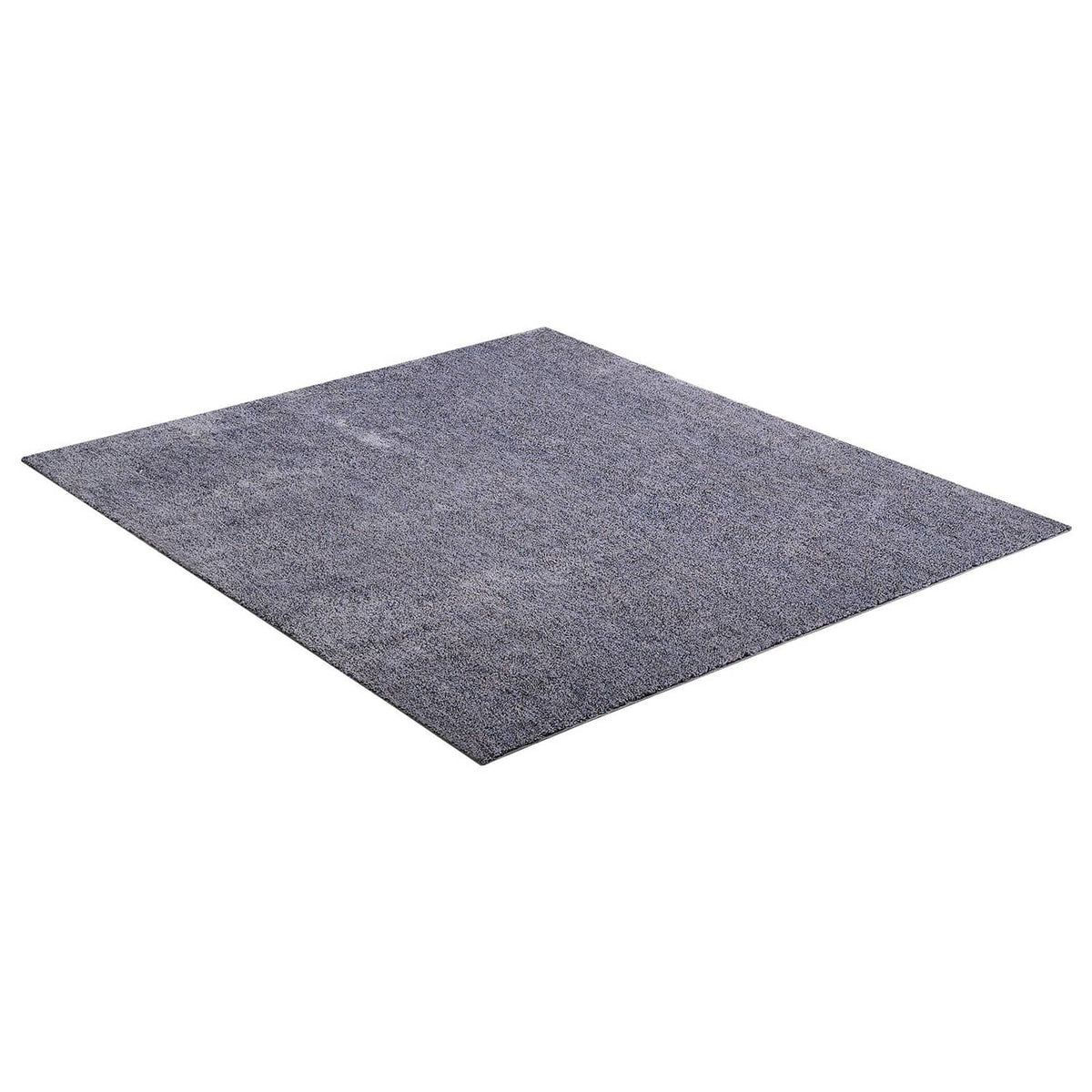 Dark gray plush indoor area rug with low pile, flat woven texture, angled view
