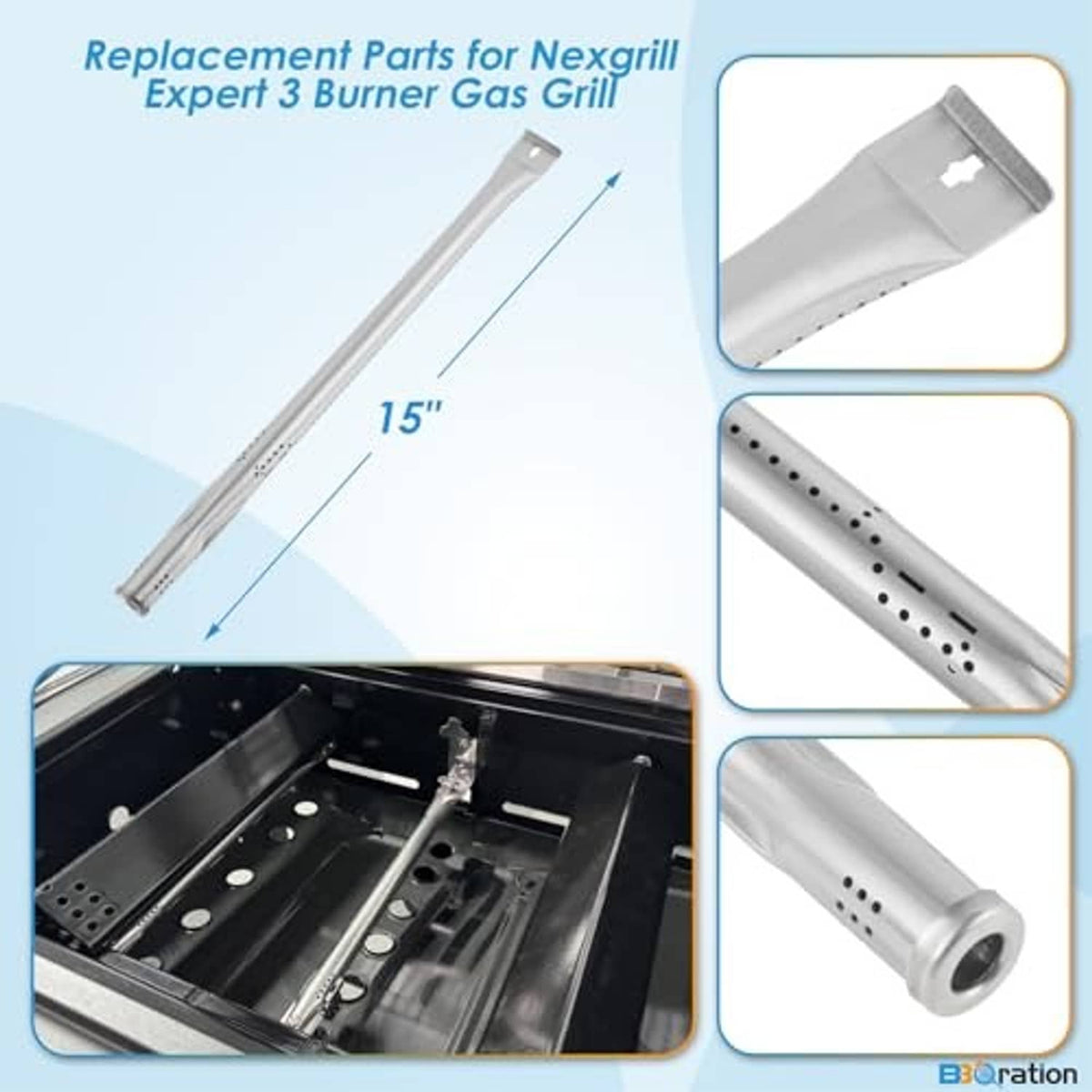 Stainless steel burner tube replacement set with mounting hardware for a 3-burner grill