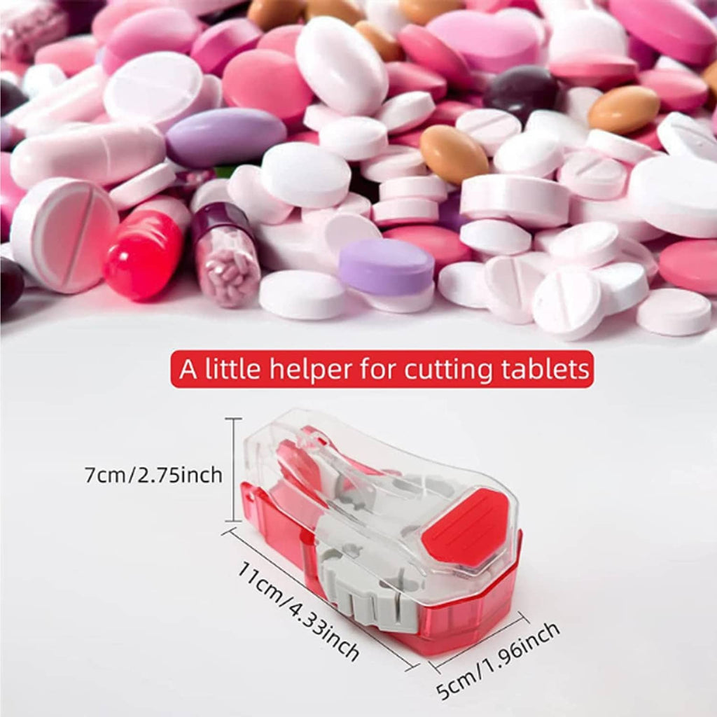 Red pill cutter with clear top and size reference shown