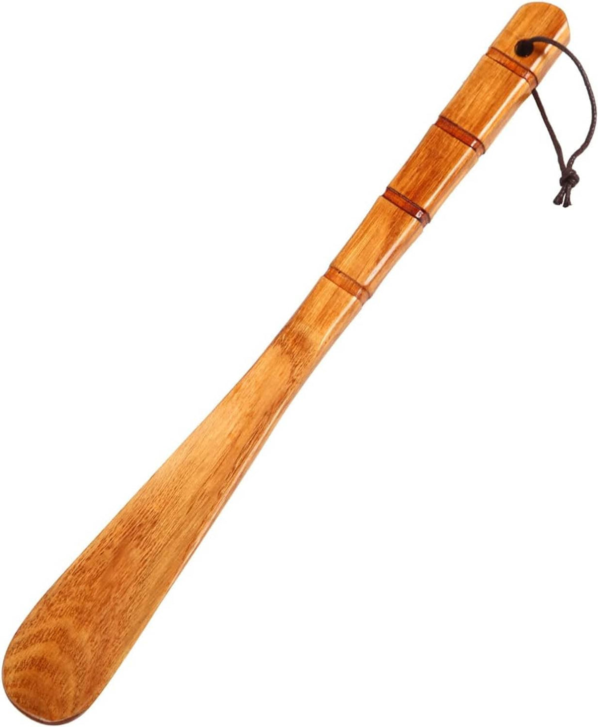 Long wooden shoe horn with curved end and rope loop for hanging