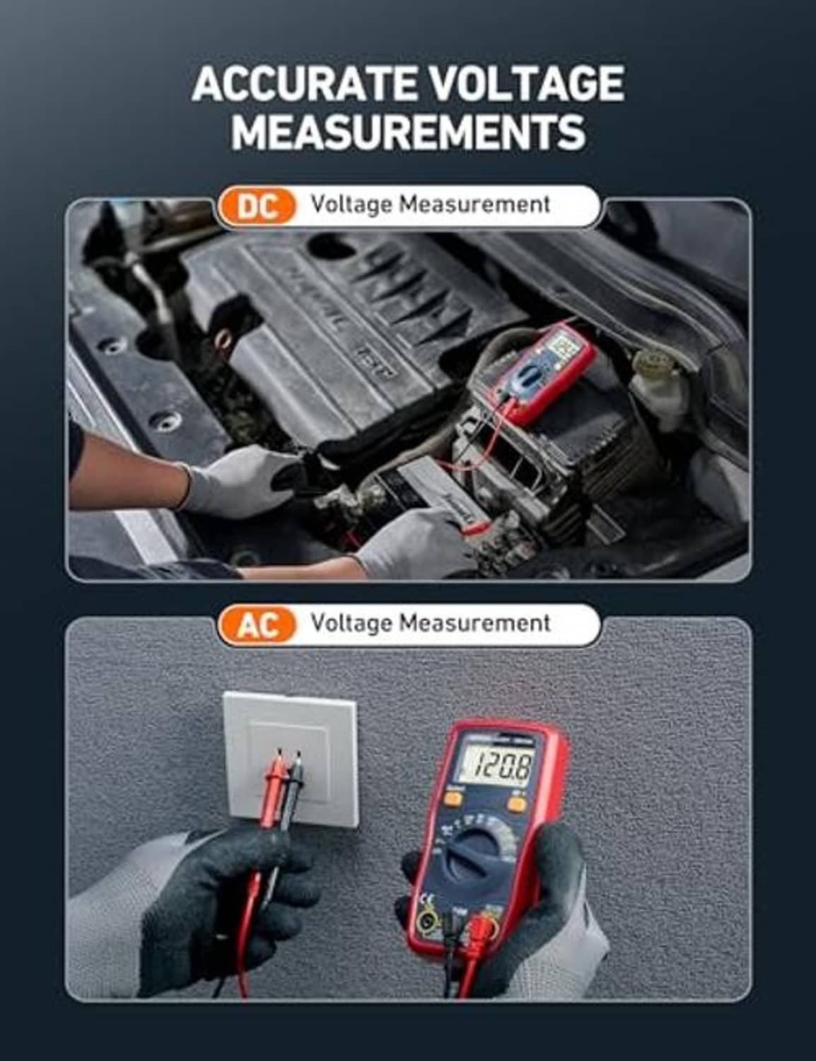Digital voltage tester multimeter measuring car wiring in engine bay