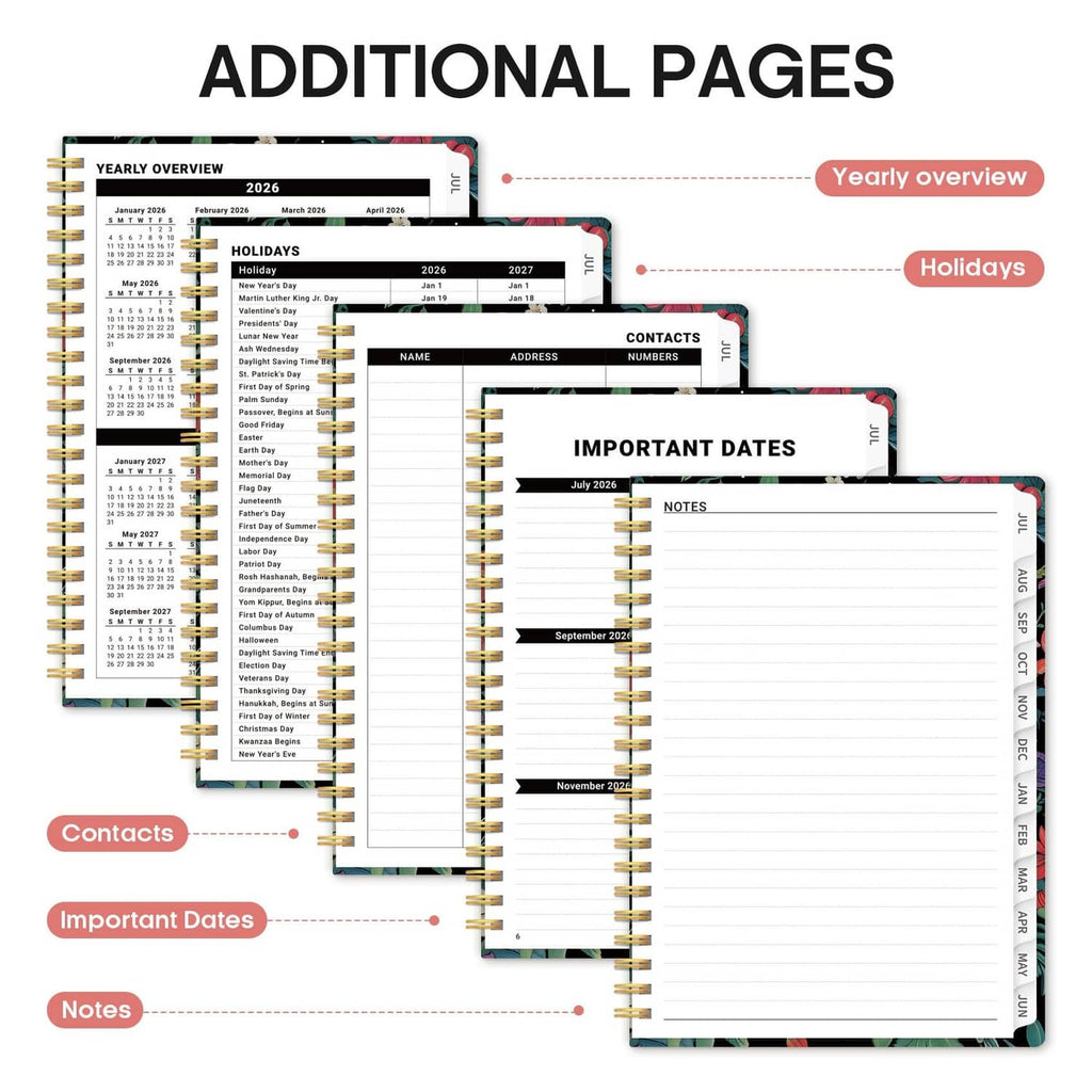 Additional planner pages with yearly overview, contacts, and important dates sections