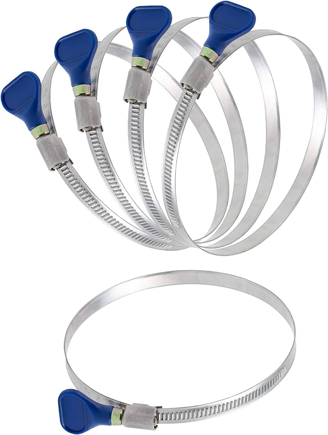 Stainless steel hose clamp and blue thumb screw key, flexible band loops shown