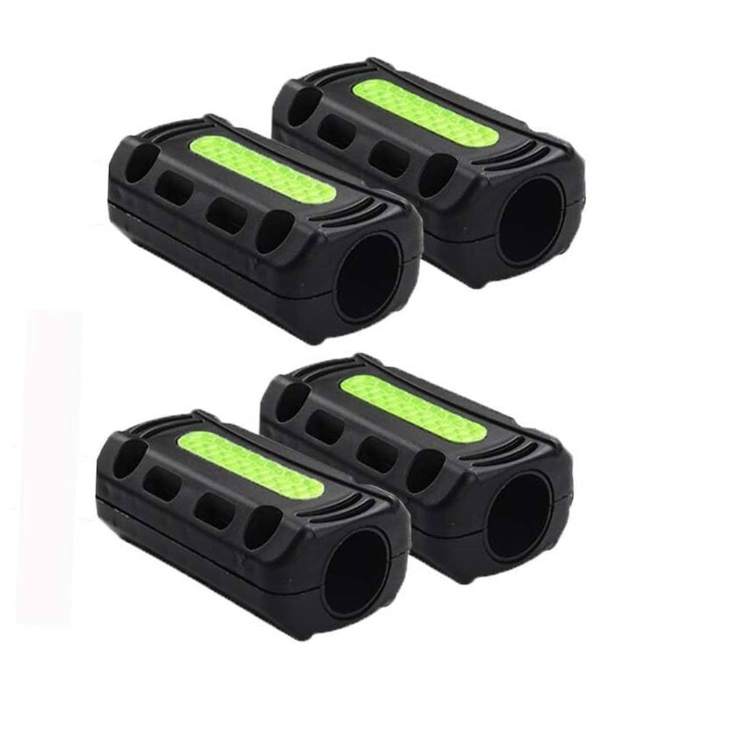 Set of black motorcycle crash bar bumper blocks with neon green reflective strips