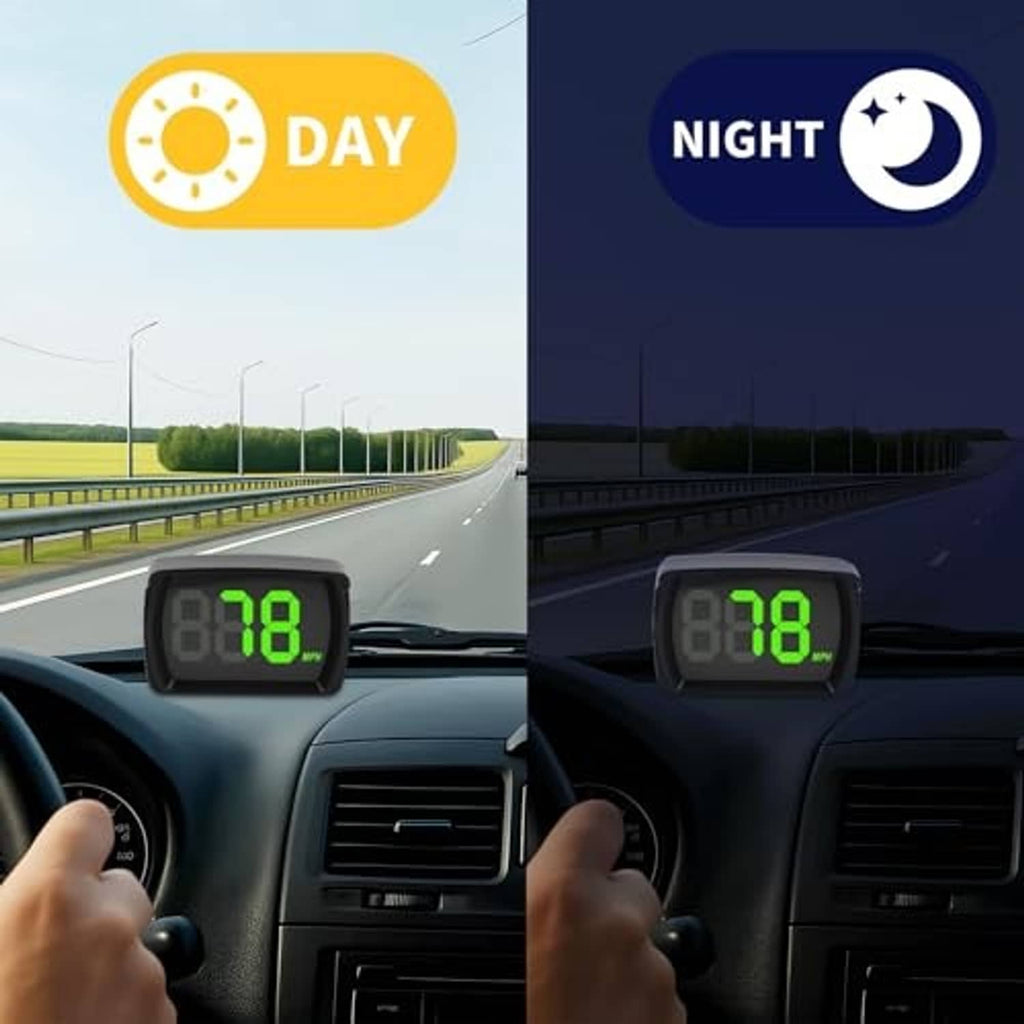 HUD speedometer showing green 18 MPH in day and night car view