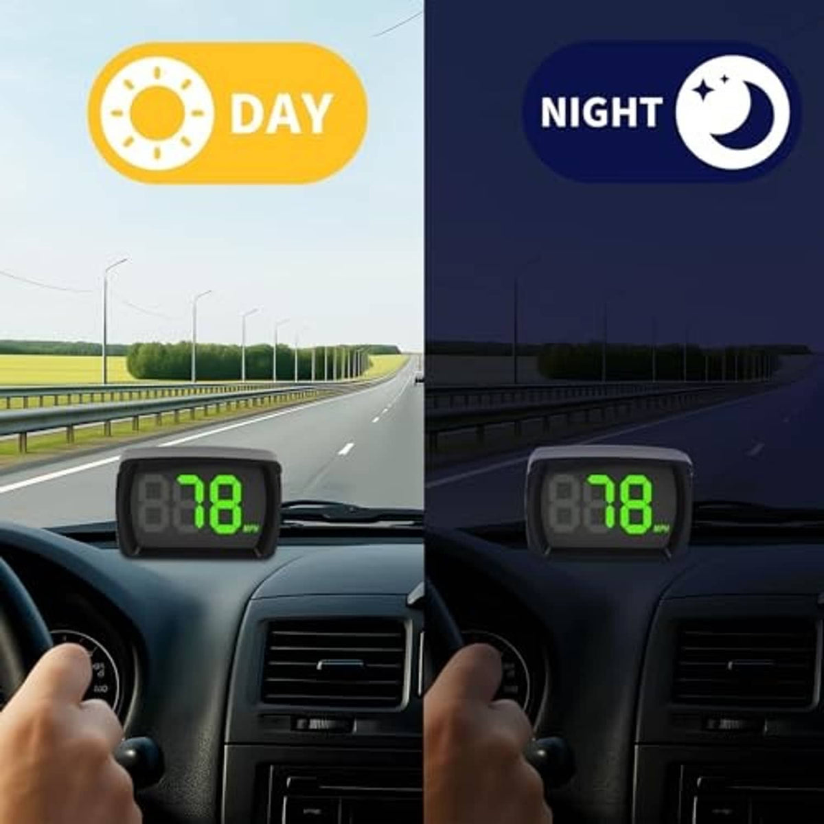 HUD speedometer showing green 18 MPH in day and night car view