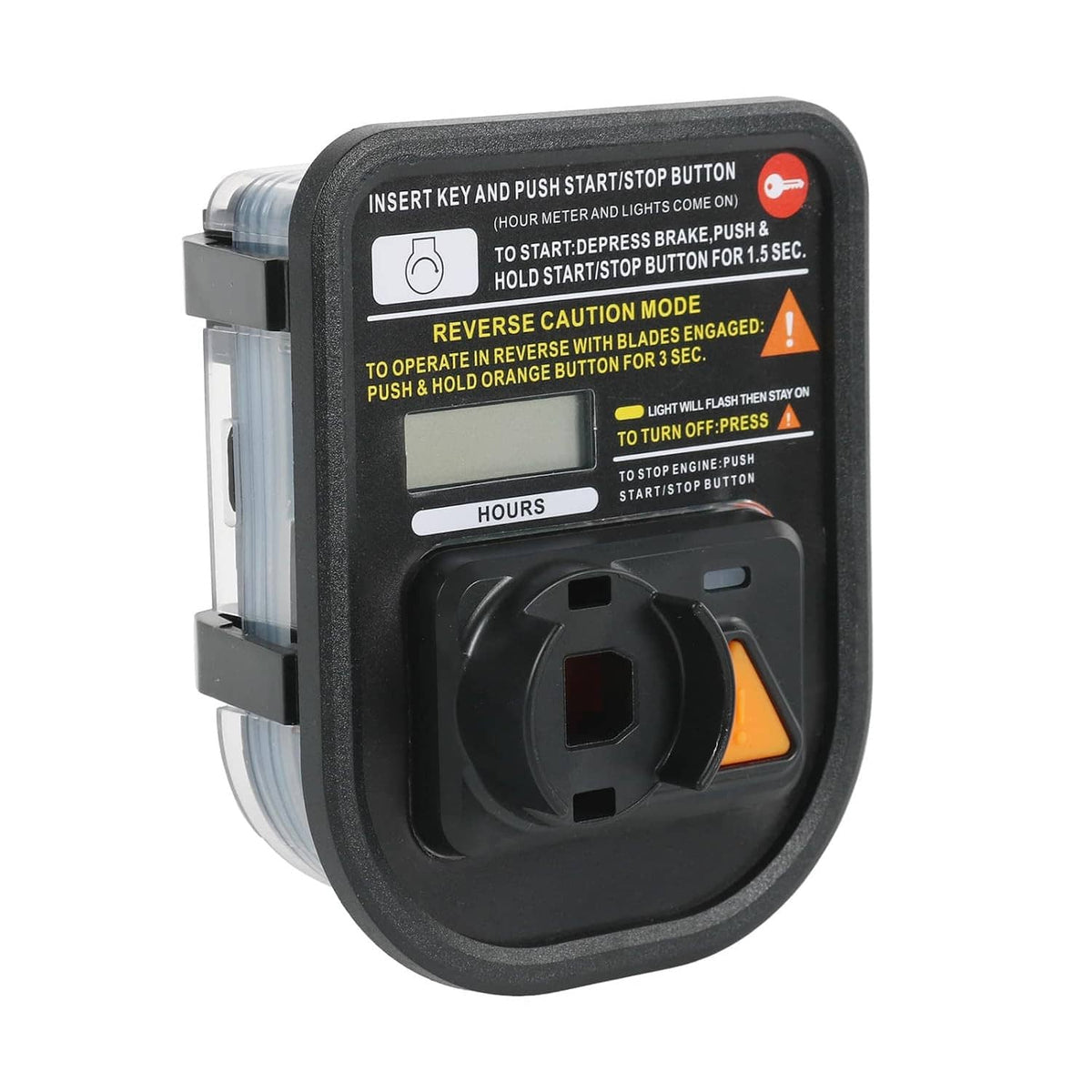 Hour service meter module with start/stop button, hours display, and orange control
