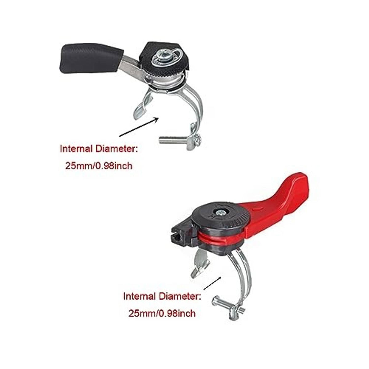 Black rubber thumb lever with metal spring linkage and red lever variant