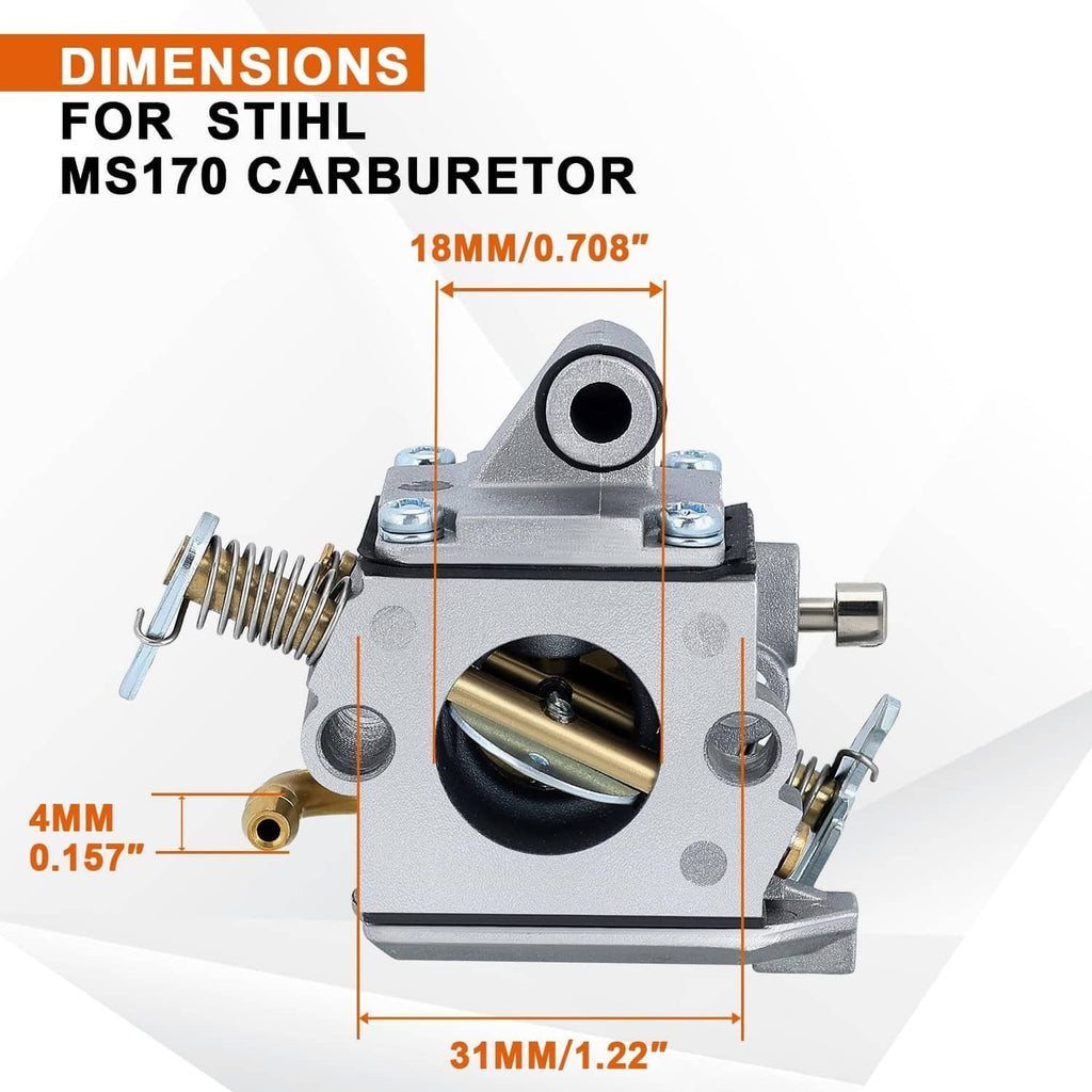 Carburetor with intake vent opening and mounting post, dimensioned layout