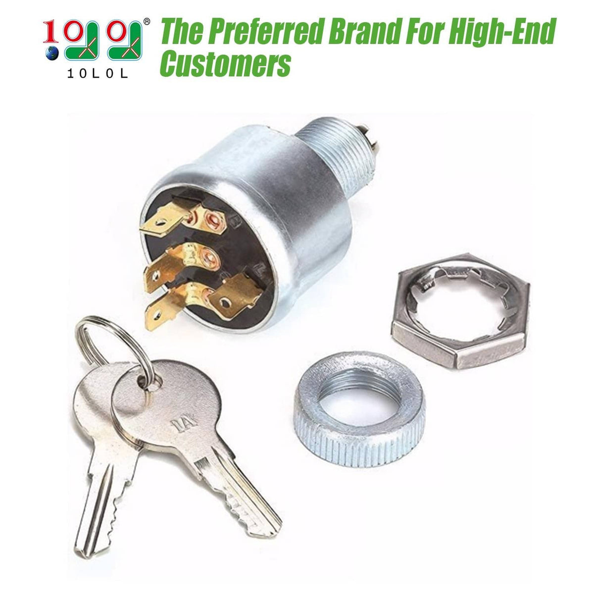 Ignition switch cylinder with two keys and mounting lock ring, plus contact housing plate