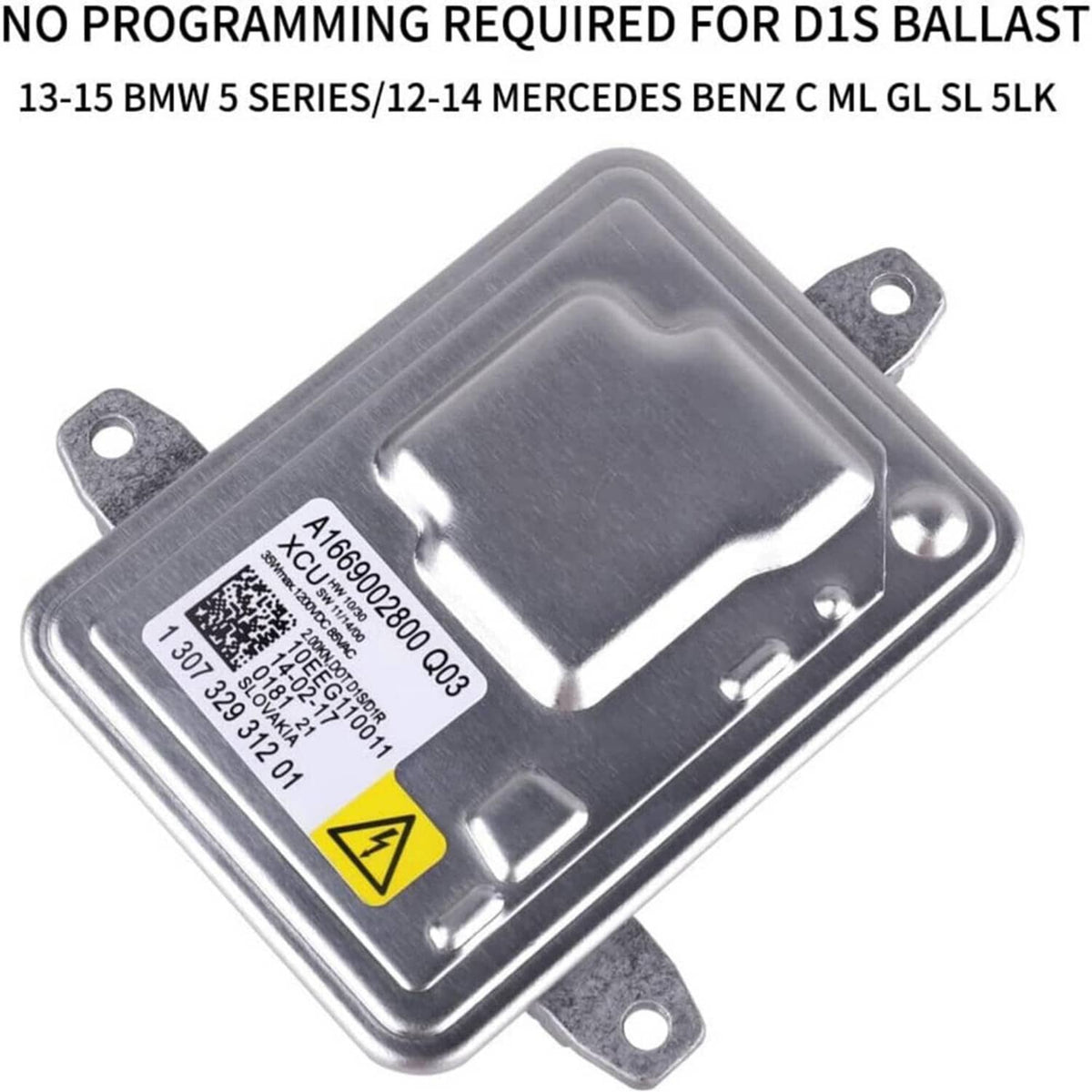 HID headlight ballast unit, underside with yellow warning symbol and connector slots