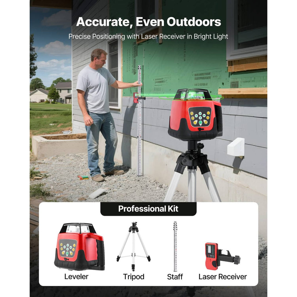 Green laser level with 360 rotating head on tripod and laser receiver