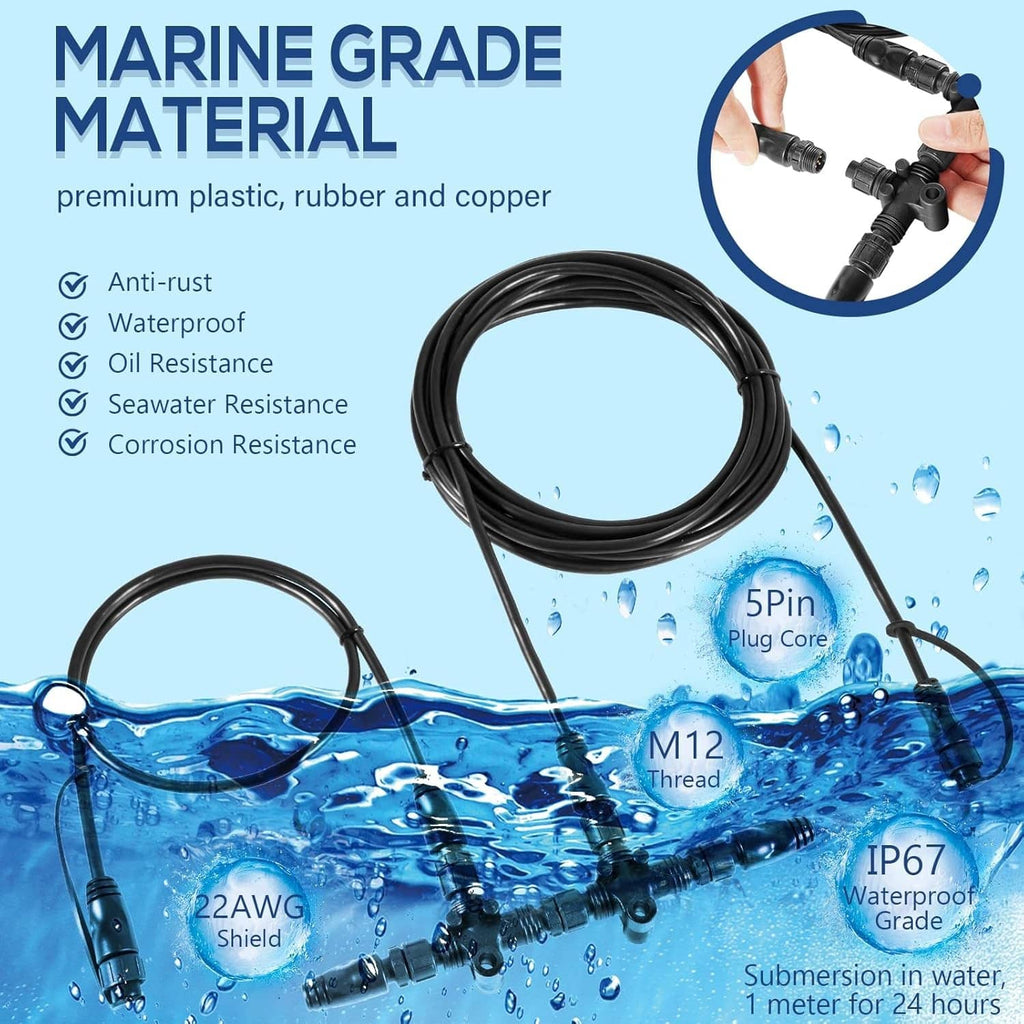 Water-resistant NMEA 2000 cable harness with 5-pin plug, M12 threaded connectors