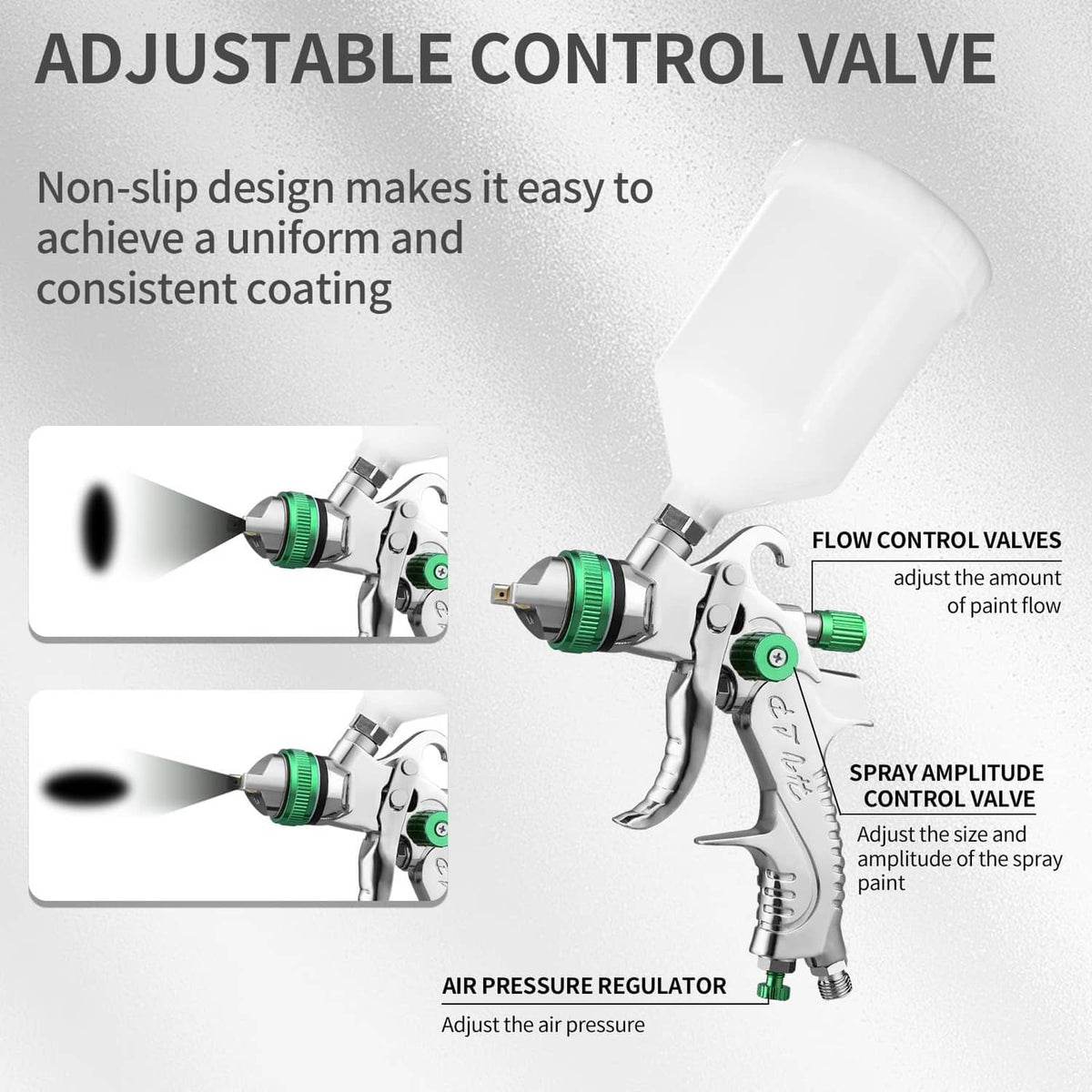 HVLP spray gun with adjustable control valves and air pressure regulator (detail view)