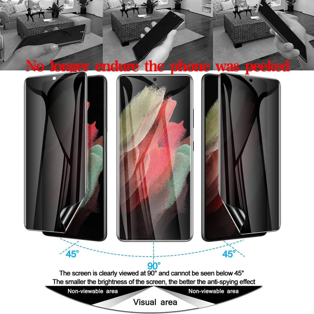 Privacy screen protector set showing full-coverage dark overlay on phone display