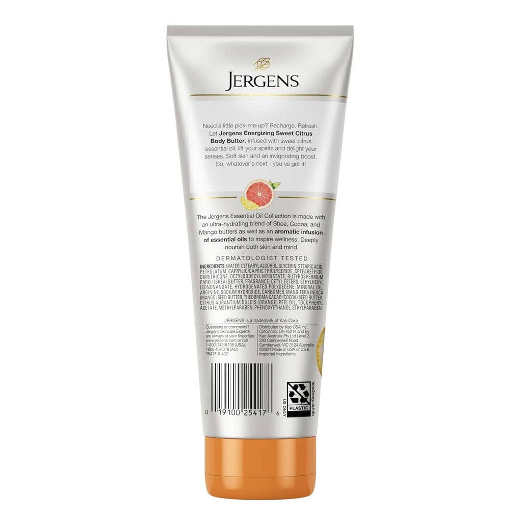 Jergens Sweet Citrus body butter tube back label with barcode and ingredient text.