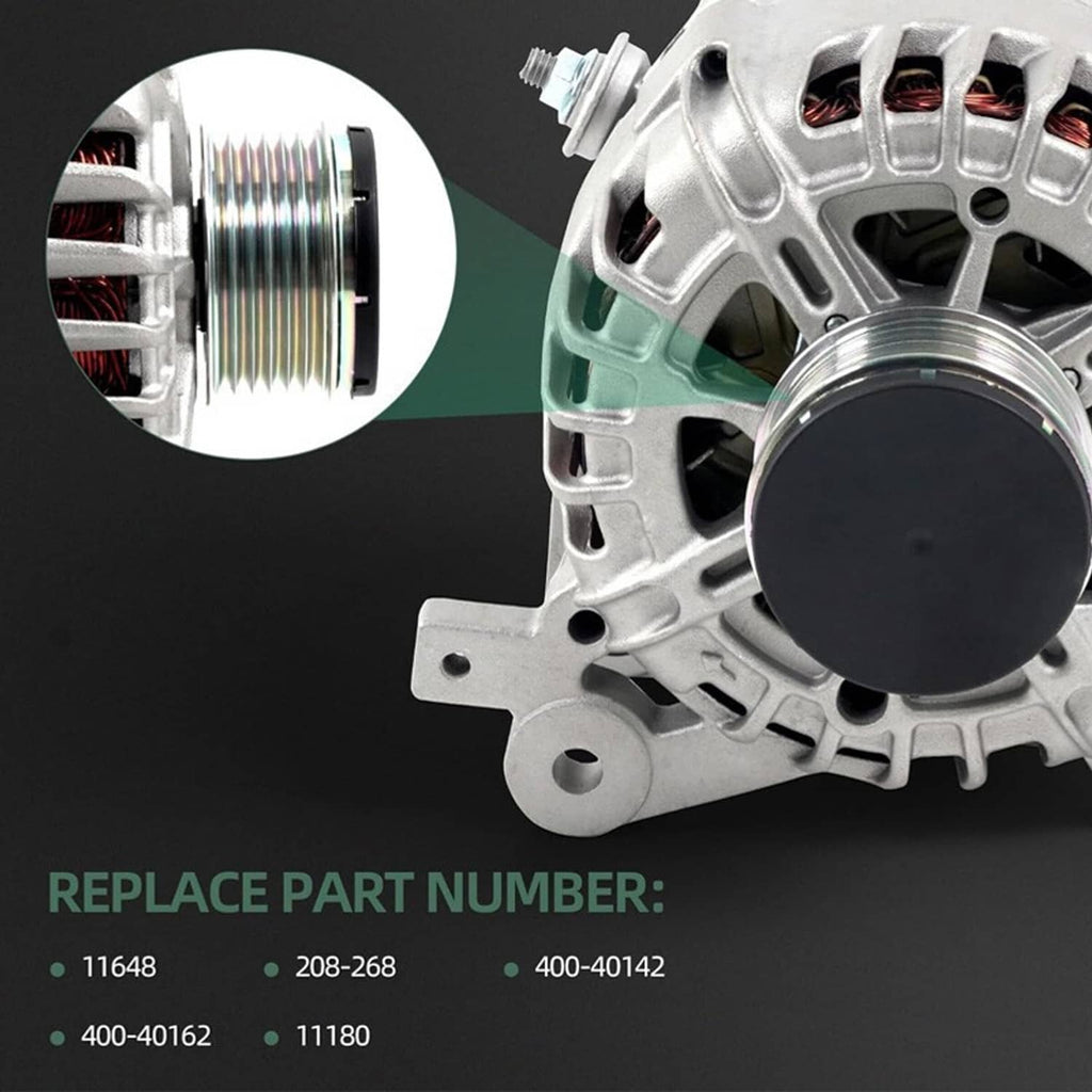 Silver alternator close-up with belt pulley face and vented alternator body