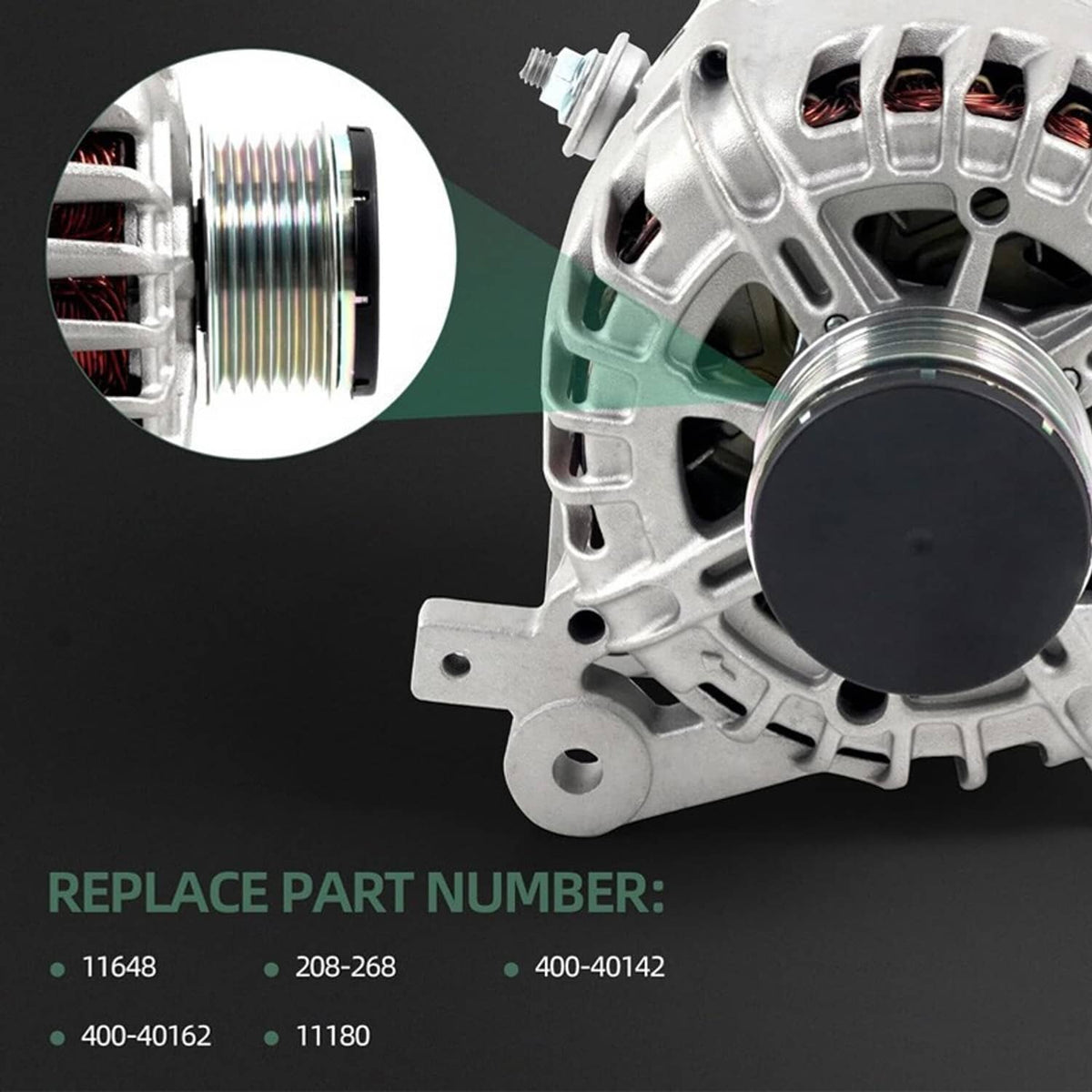 Silver alternator close-up with belt pulley face and vented alternator body