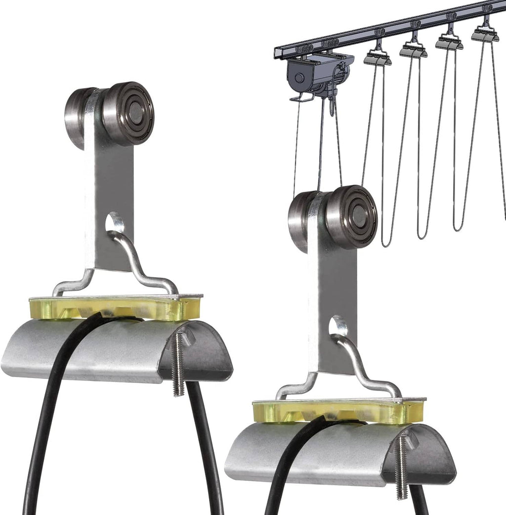 Steel cable trolley assembly with two grooved wheels and hanger bracket for rail systems