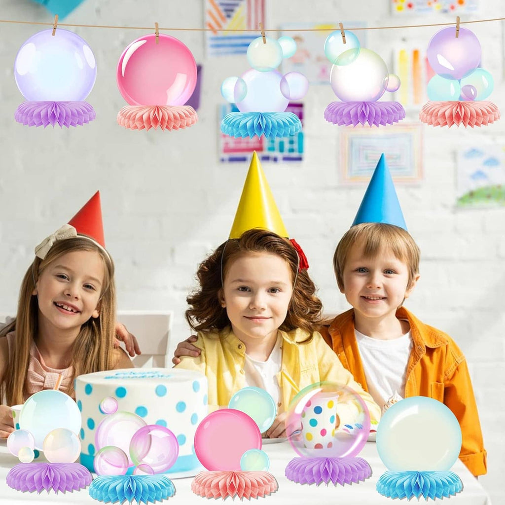 Bubble honeycomb centerpiece set with pastel balloon bubbles and honeycomb fan accents