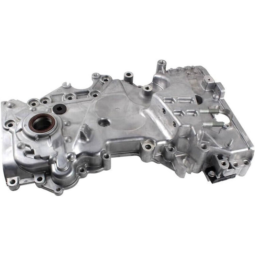 Metal timing chain cover with circular seal bore and multiple mounting ports