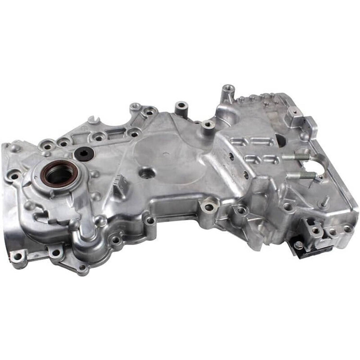 Metal timing chain cover with circular seal bore and multiple mounting ports