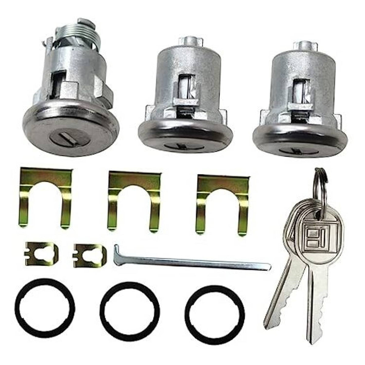 Door lock cylinder key set with three metal cylinders, keys, clips, and rings