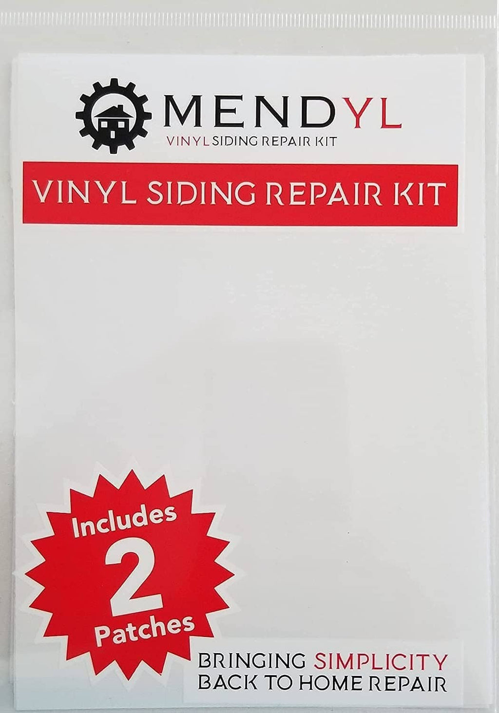 Mendyl vinyl siding repair kit box, white packaging with red label and included patches