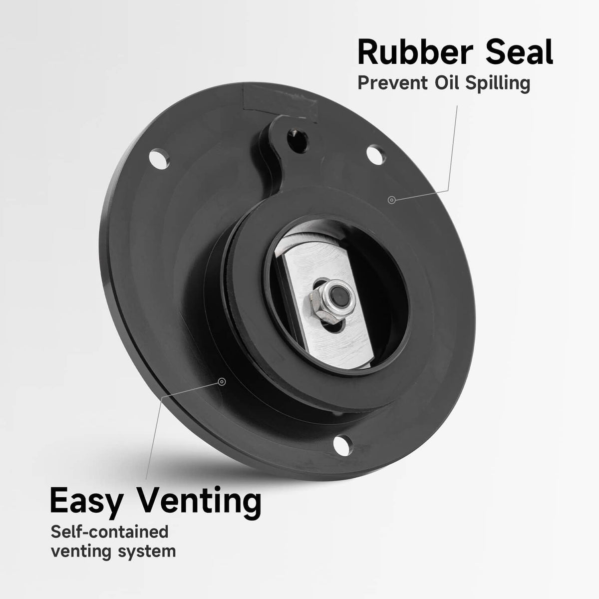Black fuel tank gas cap with central threaded opening and rubber seal area