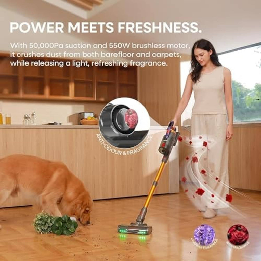Cordless stick vacuum cleaner with orange wand and motorized floor head