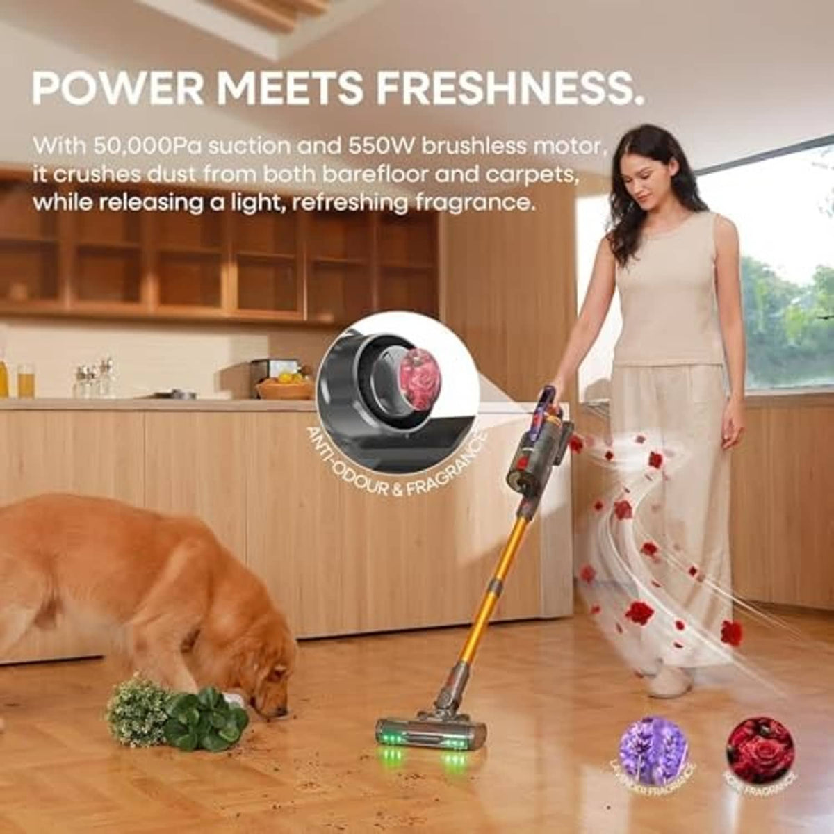 Cordless stick vacuum cleaner with orange wand and motorized floor head