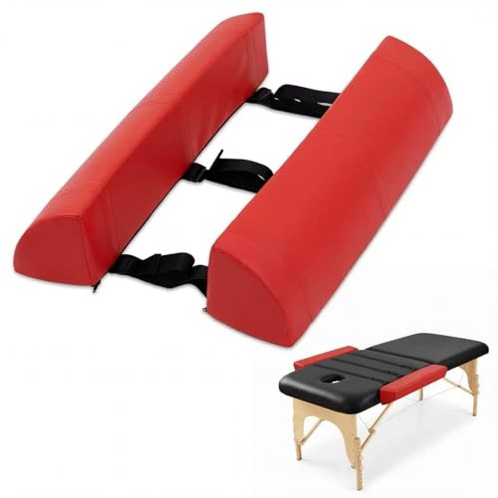 Red padded arm rest bolsters for massage table with black adjustable securing bands