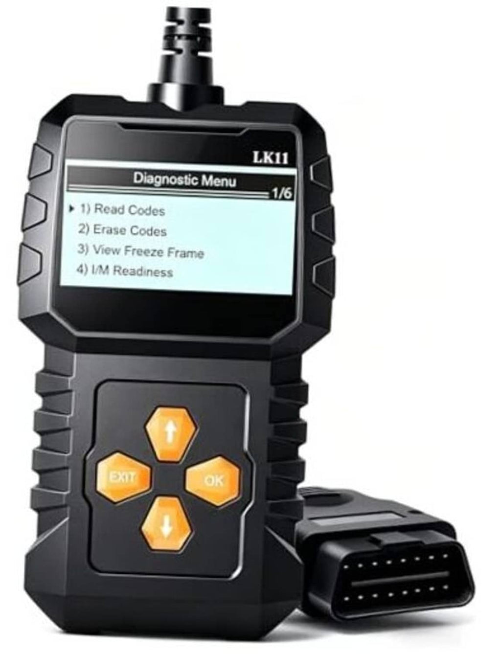 Black OBD2 diagnostic scanner with screen showing Diagnostic Menu and OK/Exit buttons