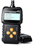 Black OBD2 diagnostic scanner with screen showing Diagnostic Menu and OK/Exit buttons