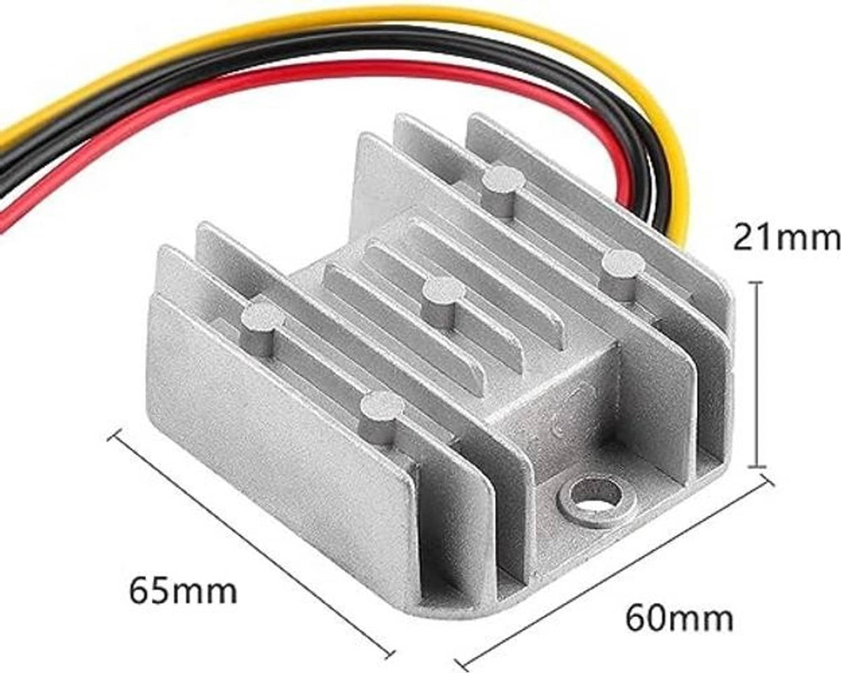 Aluminum heat sink DC voltage regulator module with size markings and screw terminals