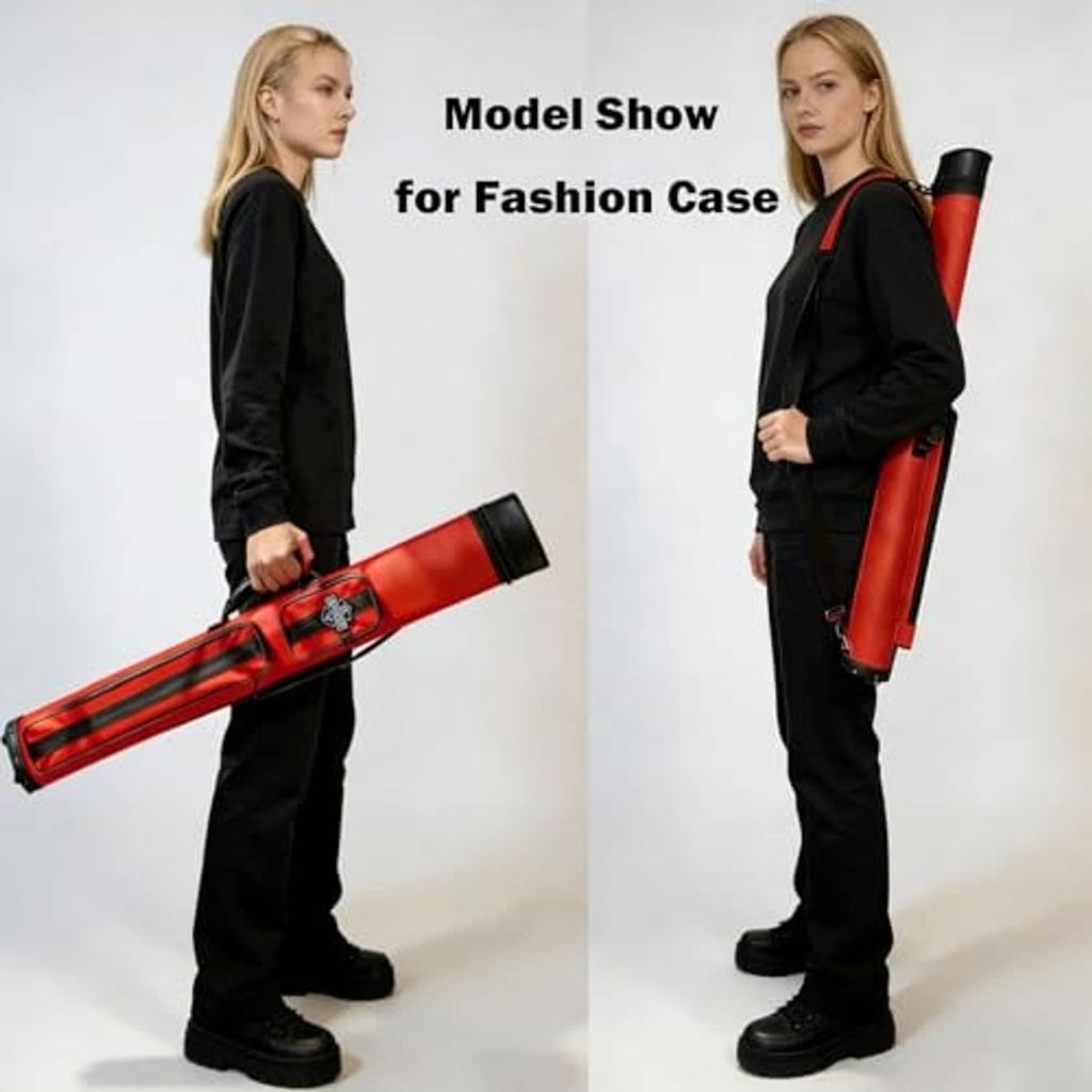 Red and black pool cue case worn on shoulder, oval hard-shell design.