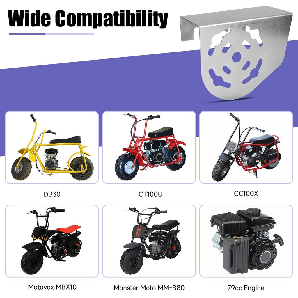 Silver mini bike chain guard cover shown with wide compatibility lineup of mini motorcycles