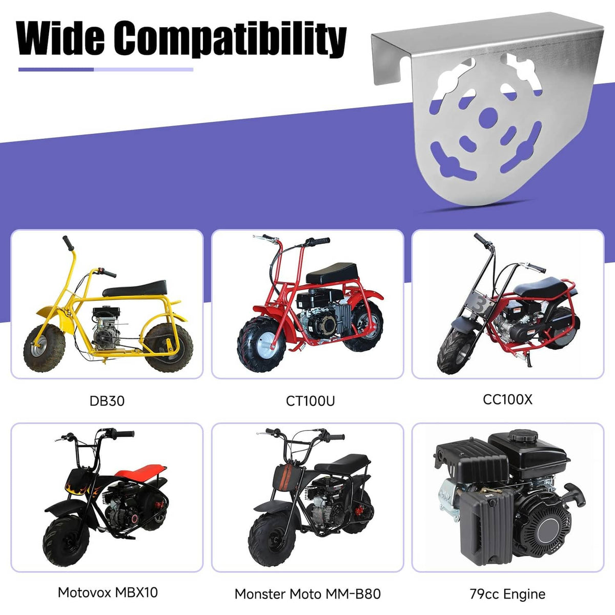 Silver mini bike chain guard cover shown with wide compatibility lineup of mini motorcycles