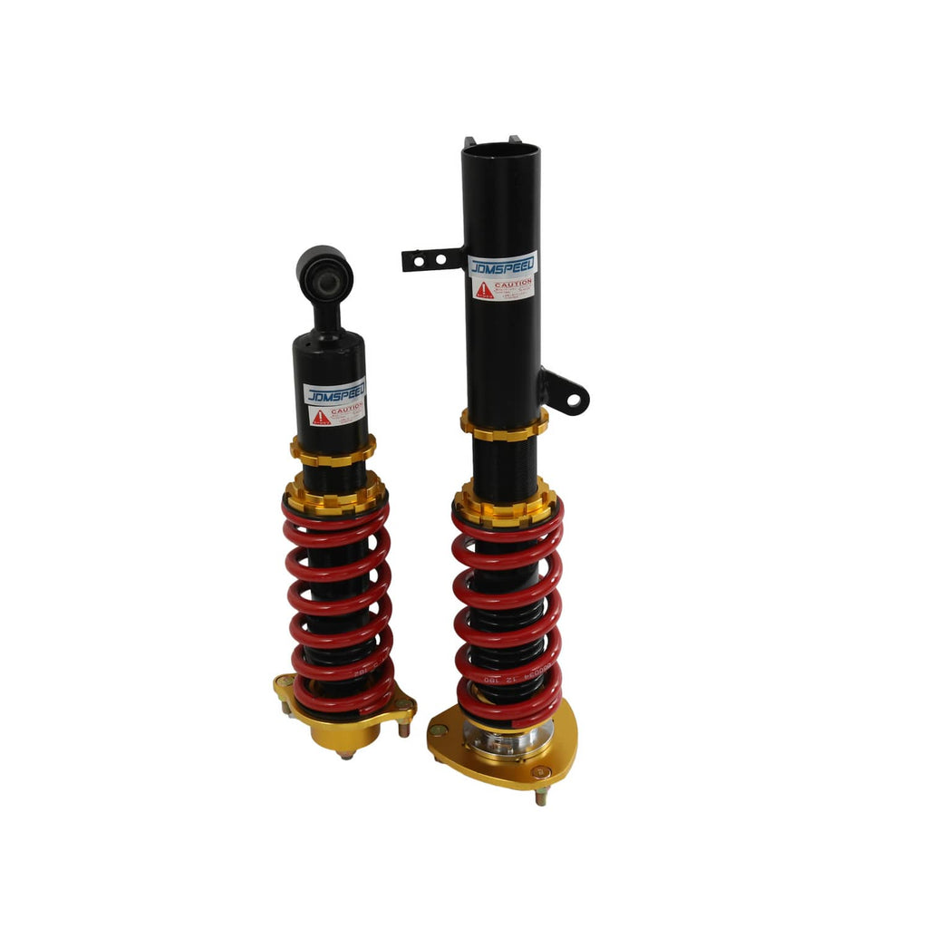 Two coilover struts with red springs, black housings, and gold top and base mounts.
