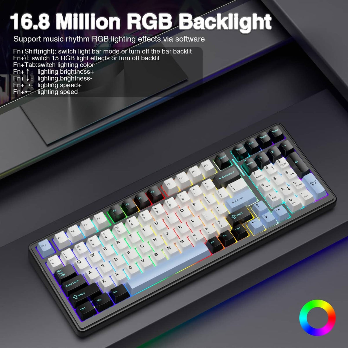 AULA F99 keyboard with RGB backlighting and white keycaps, light blue accent area, black frame
